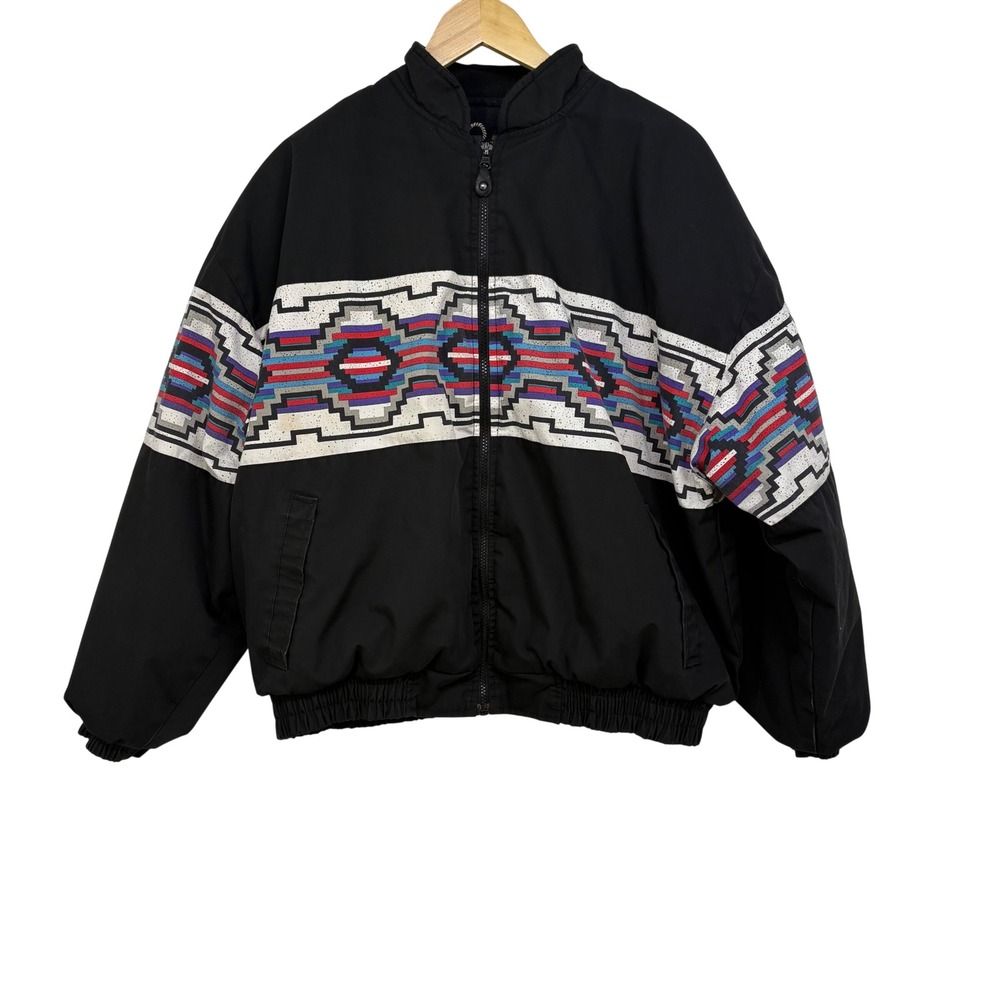 Vintage Roper Southwestern Bomber Jacket Black Geometric Print Mens XL 90s Zip